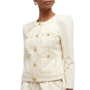 Veronica Beard Ferazia Denim Jacket NEW Ecru Brown Top Stitch Gold Buttons Sz 0